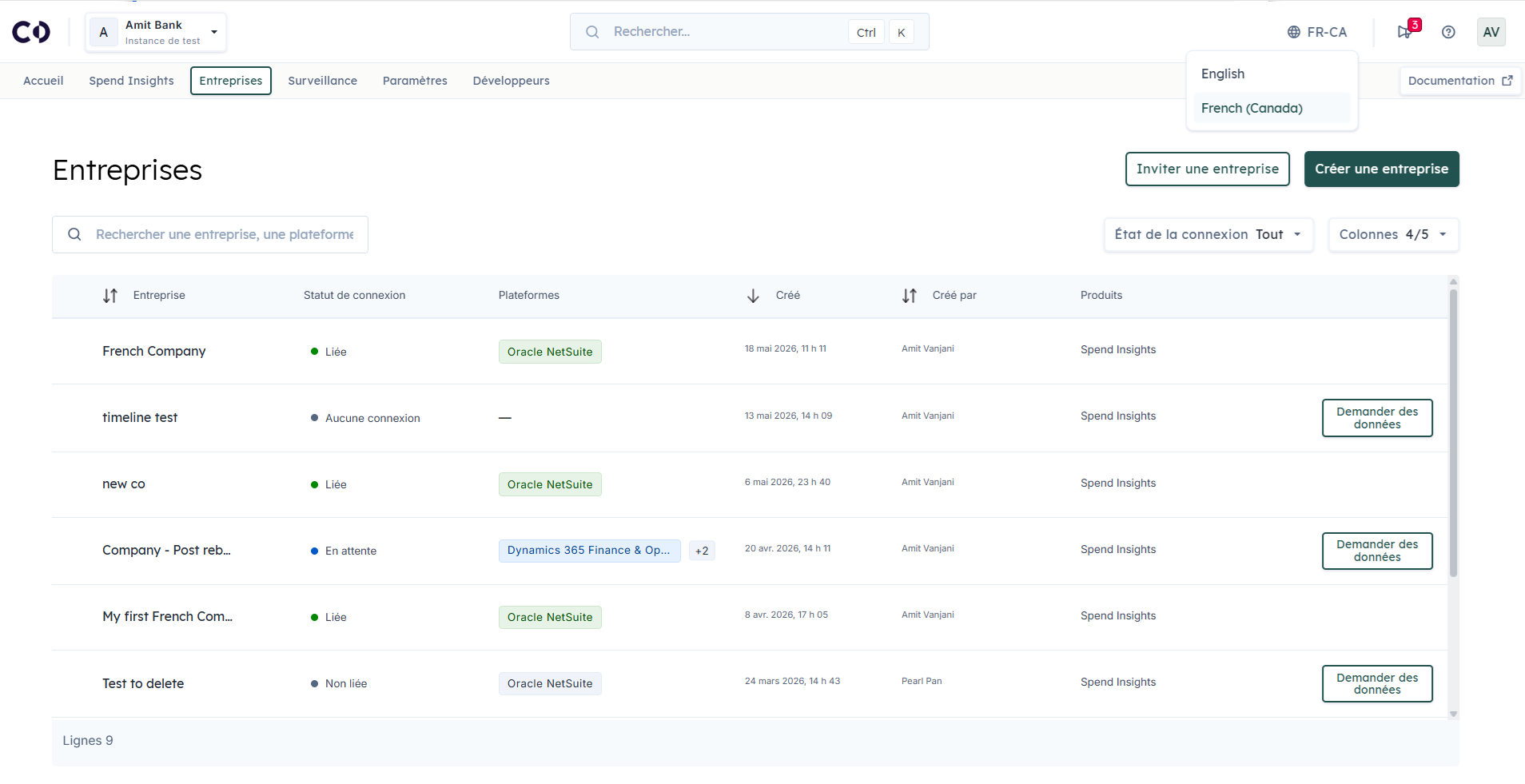 Spend Insights in the Codat Portal rendered in fr-CA